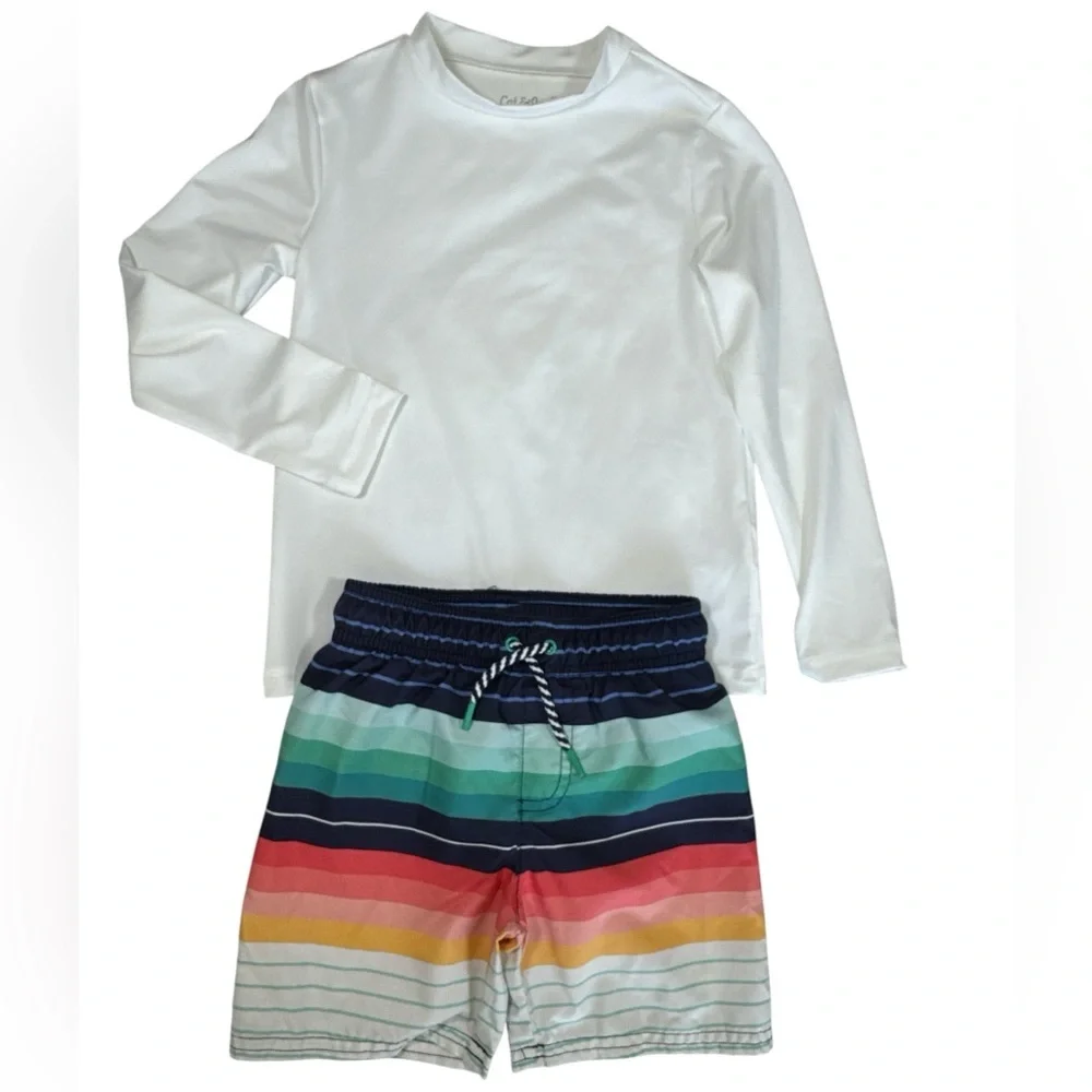 Cat & Jack Rashguard Swim Set XS 4/5 Stripe Swim Trunks Bundle